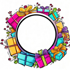 Abstract design of a circular frame with giftbox around it, used for banners, flyers, posters, advertisements with Generative AI