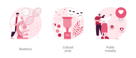 Culture and ethics abstract concept vector illustration set. Bioethics and genetic biotechnology, cultural prize, public morality and ethical standards, nobel laureate, life science abstract metaphor.