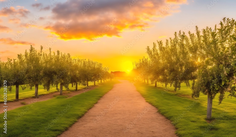 Poster sunset in a pear farm from generative ai