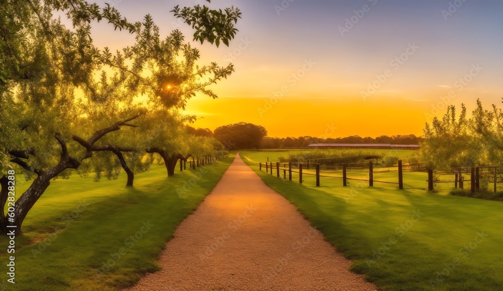 Poster walkway into sunset with trees on the side from generative ai