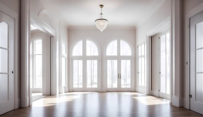 Living room symmetrical view of gray walls and windows and doors from Generative AI