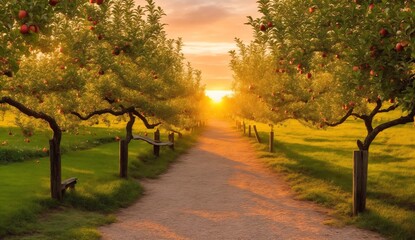 Apple farm with walkway and sunset on the center from Generative AI