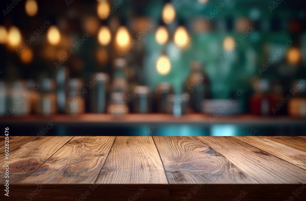 Fototapete empty wooden table and blurred background of bar or pub. for product display