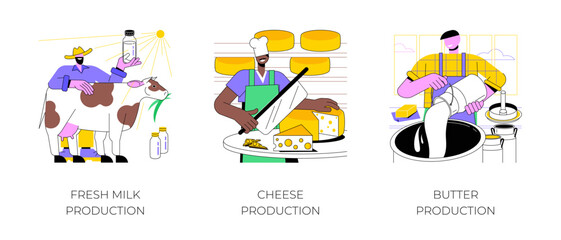 Dairy farming isolated cartoon vector illustrations set. Farmer holding bottle with fresh milk, making cheese at farm, butter production, secondary product, agribusiness, farming vector cartoon.