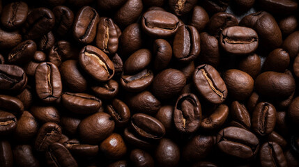 Fototapeta premium Coffee lover view of roasted coffee beans for background and texture. Dumped roasted coffee beans can be used as background and texture. Roasted coffee. Image generated by Ai.