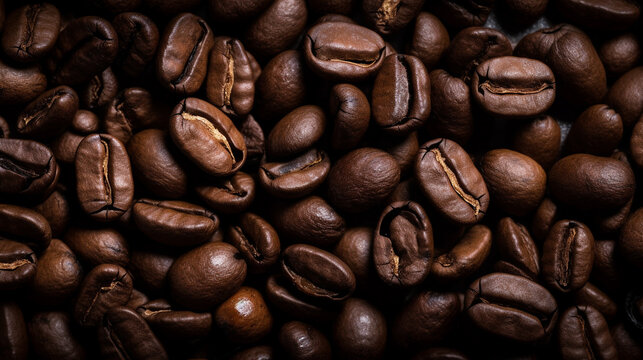 Coffee lover view of roasted coffee beans for background and texture. Dumped roasted coffee beans can be used as background and texture. Roasted coffee. Image generated by Ai.