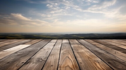 Wooden floor against view of a desert landscape under a cloudy sky. High quality photo
