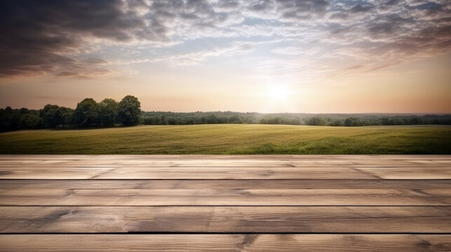 Wooden planks and sunset over grass field landscape background. High quality photo