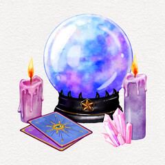 watercolor magic crystal ball tarot cards and candles 