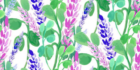 Seamless pattern with hand drawn painting style flowers.