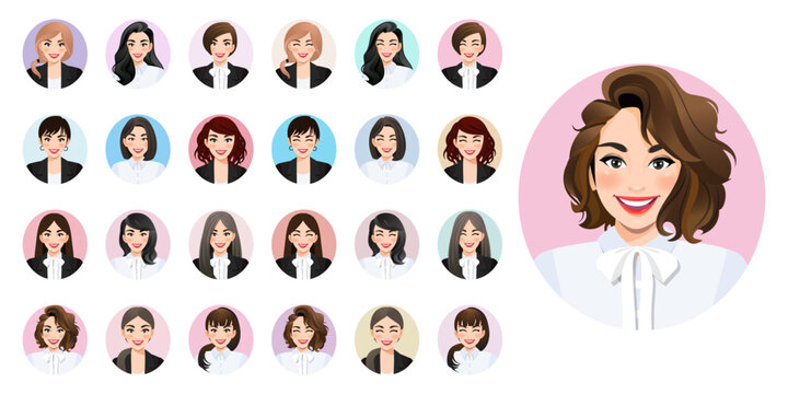Big bundle of different women avatars. Set of female portraits. Businesswoman avatar characters. User pic, face icons for representing person in a video game, Internet forum, account. Vector
