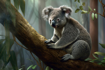 Image of a cute koala bear on a tree on natural background. Wild Animals. Illustration. Generative AI.