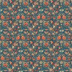 A seamless floral pattern with a red, orange, white, black and blue flowers and leaves on a dark colored background