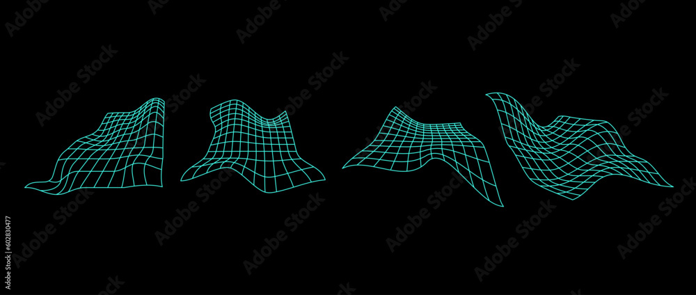 Poster Neon distorted perspective grid pack. Glitch rectangle plane set on dark background. Wavy futuristic elements bundle. Ripple wireframes. Vector abstract pack. 