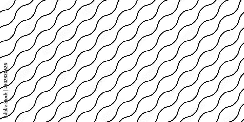 Poster Wave lines seamless pattern. Undulate stripes repeating background. Black and white diagonal wavy texture. Simple curved linear wallpaper. Textile and fabric design template. Vector