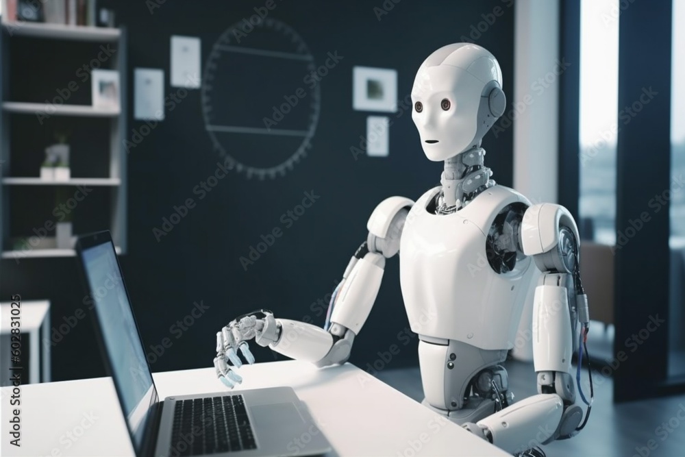 Poster robot paper ai laptop digital technology hand document artificial office. generative ai.