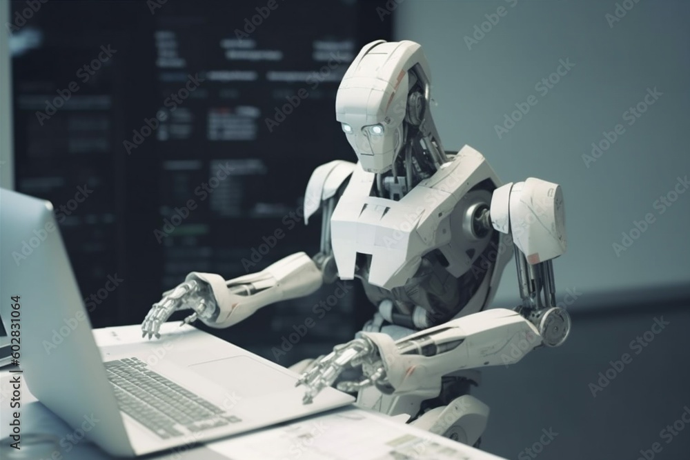 Poster hand digital paper document robot laptop office technology ai artificial. generative ai.