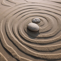 Fototapeta na wymiar zen style sand garden and rocks in the middle. AI generative image.