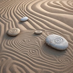 Fototapeta na wymiar Sea stones and patterns on the sand, zen concept. AI generative image. 