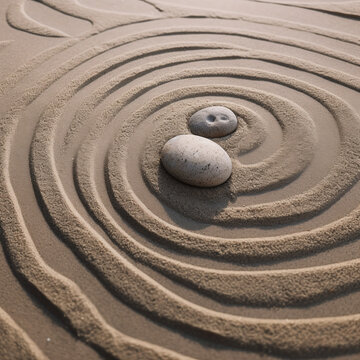 zen style sand garden and rocks in the middle. AI generative image.