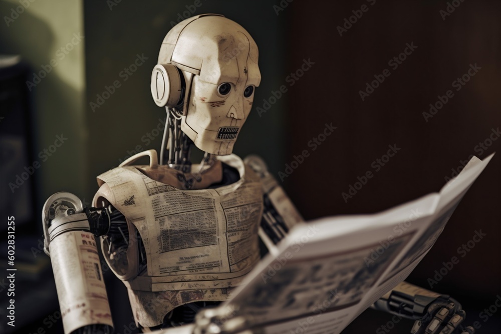 Poster hand technology robot office laptop ai artificial digital paper document. generative ai.