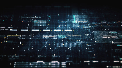 Obraz premium Advance data matrix, telemetry and encrypt numbers simulation user interface display in cyber space abstract de-focus environment background