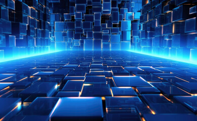 Obraz premium Abstract technology neon blue lights background with glowing cube box tile. High quality illustration