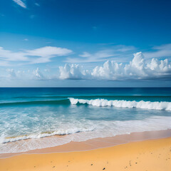 Beautiful panoramic seascape with surf waves against a blue sunny sky with clouds. Natural Mediterranean beach.