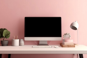 pink modern office interior with table Mockup