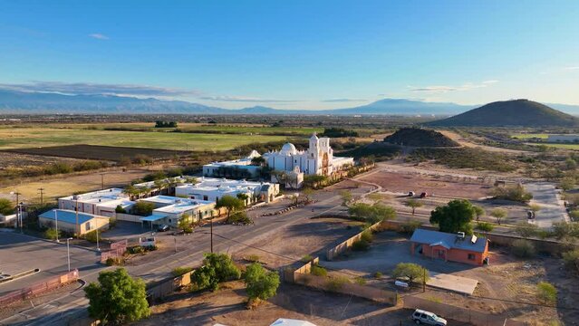 Mission San Xavier del Bac aerial view in Tohono O'odham Nation Indian Reservation near city of Tucson, Arizona AZ, USA. 