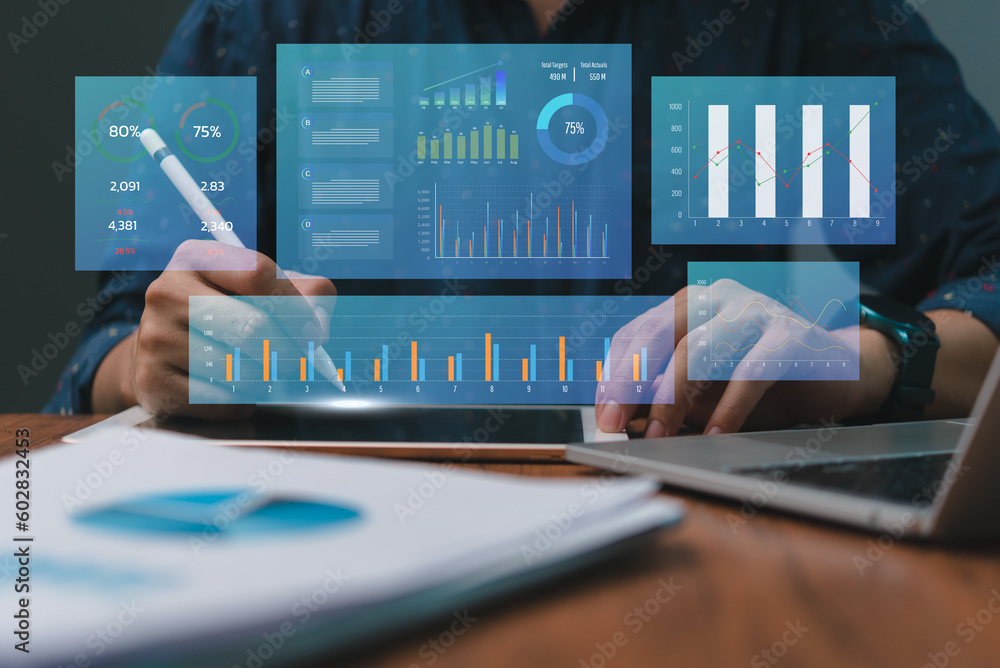 Poster business analysis and data management system financial kpi data profits dashboard on virtual screen.