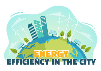 Energy Efficiency in the City Vector Illustration with Sustainable Environment for Electricity Generated From Sun and Wind in Hand Drawn Templates