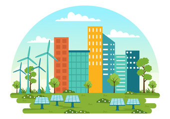 Energy Efficiency in the City Vector Illustration with Sustainable Environment for Electricity Generated From Sun and Wind in Hand Drawn Templates