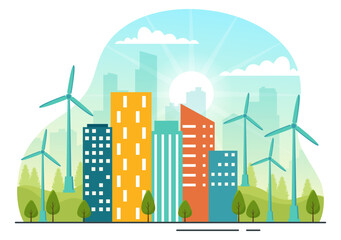 Obraz premium Energy Efficiency in the City Vector Illustration with Sustainable Environment for Electricity Generated From Sun and Wind in Hand Drawn Templates