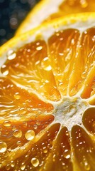 An extreme macro close-up photo of a wet lemon slice, showcasing hyperrealistic details. The translucence and backlit effect highlight its vibrant colors and enticing texture. Generative AI