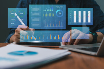 business analysis and Data Management System financial KPI data profits dashboard on virtual screen. working with big data finance management technology. business intelligence marketing report.