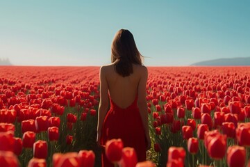 A captivating scene of a woman gracefully walking on a land filled with vibrant red tulips. The striking contrast between her presence and the sea of flowers creates a mesmerizing sight, Generative AI