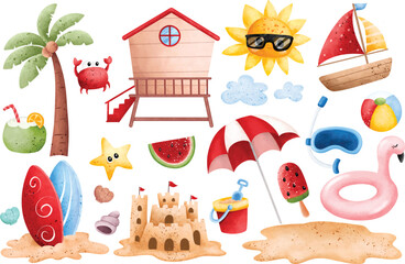 Watercolor Illustration set of beach and summer holiday stuff elements