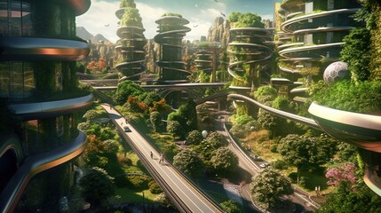 Obraz premium Wide angle panorama aerial flying over green sustainable landscape using generative AI