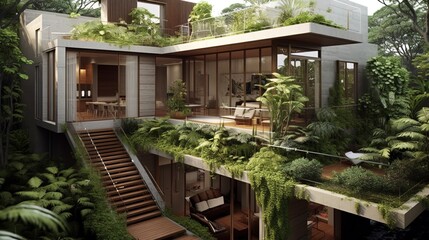 Fototapeta na wymiar Beautiful bungalow building residential architecture house at day with green and sustainable concept using generative AI