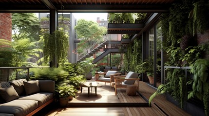 Fototapeta premium Green and zero carbon residence building villa with lush trees and plants using generative AI