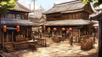 Naklejka premium 和風の街並み背景イラスト,Generative AI AI画像