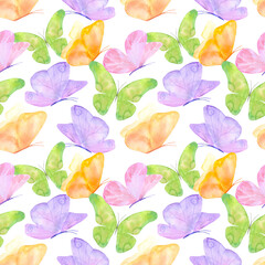 Bright seamless pattern of butterflies. Purple. green and pink print for wallpaper, clothes. Watercolor butterfly on white