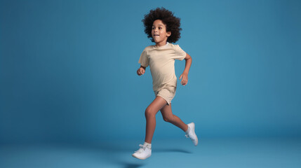 Young Adult with Curly Hair Running in Blue Studio. generative ai