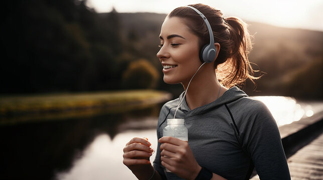 Young Woman Running And Listening To Music. Water With Headphones. Generative Ai