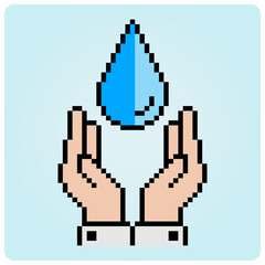 8 bit pixel logo save water. Symbol hand holding a water in vector illustration