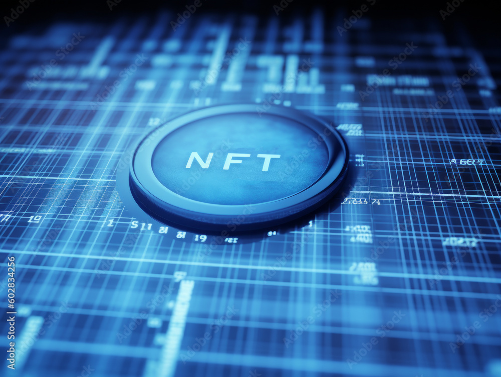 Poster label nft highlighted on a microchip. digital asset that is stored and traded on a blockchain..repre
