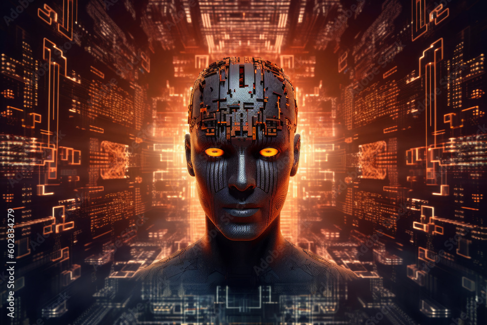 Poster woman robot, symbolizing the progress we've made in the field of artificial intelligence. highlighti
