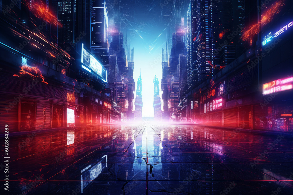 Aufkleber futuristic background that represents a city in cyberspace. has a multi-layered, dark color scheme w