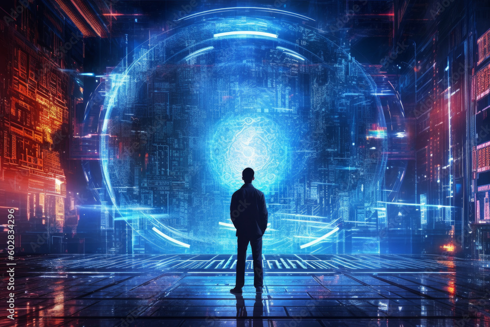 Aufkleber person standing against a futuristic city background in cyberspace. has a multi-layered dark color s